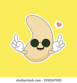 cute and kawaii cashew kidney shape nut flat cartoon character. Vector bean with head and eyes, comic superfood hero. Vegetarian food, healthy vegetable