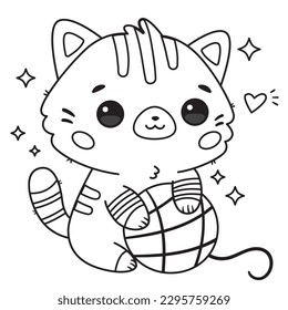 Cute kawaii cat with ball of yarn. Coloring page. Cartoon funny kitten. Black and white vector illustration for coloring book.