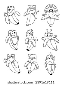 Cute kawaii cat in banana. Coloring Page. Funny kitten with smiley face. Hand drawn style. Vector drawing. Collection of design elements.