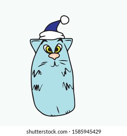 Cute kawaii cat blue in a blue hat .On a white isolated background. Hand-drawn. Vector illustration.Form for banners, postcards. Animal