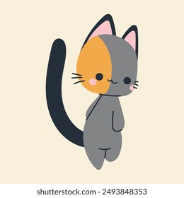 Cute kawaii cat in cartoon, flat, doodle, simple style. Design element for posters, postcards, greeting cards, wallpapers, children's clothes, fabrics, t-shirts, logos