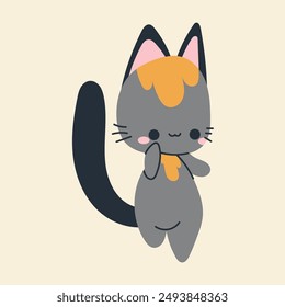 Nette kawaii Katze in Cartoon, flach, Doodle, einfacher Stil. Gestaltungselement für Plakate, Postkarten, Grußkarten, Bildschirmhintergründe, Kinderbekleidung, Stoffe, T-Shirts, Logos