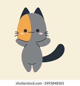 Cute kawaii cat in cartoon, flat, doodle, simple style. Design element for posters, postcards, greeting cards, wallpapers, children's clothes, fabrics, t-shirts, logos