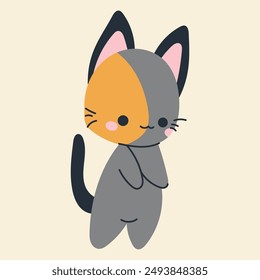 Cute kawaii cat in cartoon, flat, doodle, simple style. Design element for posters, postcards, greeting cards, wallpapers, children's clothes, fabrics, t-shirts, logos