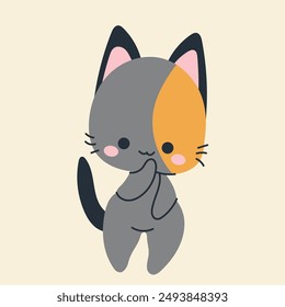 Cute kawaii cat in cartoon, flat, doodle, simple style. Design element for posters, postcards, greeting cards, wallpapers, children's clothes, fabrics, t-shirts, logos
