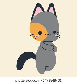 Cute kawaii cat in cartoon, flat, doodle, simple style. Design element for posters, postcards, greeting cards, wallpapers, children's clothes, fabrics, t-shirts, logos