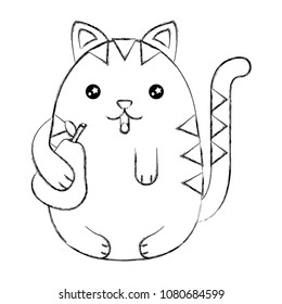 cute kawaii cat cartoon holding pear