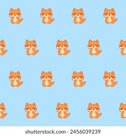 Cute Kawaii Cat Character Seamless Pattern Background. Childish Funny Cat mascot Textile Fabric Print Swatch. Cartoon Positive Cat Animal Happy Birthday Greeting Gift Wrapping Paper Design. 