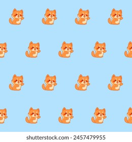 Cute Kawaii Cat Character Seamless Pattern Background. Childish Funny Cat mascot Textile Fabric Print Swatch. Cartoon Positive Cat Animal Happy Birthday Greeting Gift Wrapping Paper Design. 