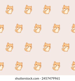 Cute Kawaii Cat Character Seamless Pattern Background. Childish Funny Cat mascot Textile Fabric Print Swatch. Cartoon Positive Cat Animal Happy Birthday Greeting Gift Wrapping Paper Design. 