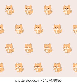 Cute Kawaii Cat Character Seamless Pattern Background. Childish Funny Cat mascot Textile Fabric Print Swatch. Cartoon Positive Cat Animal Happy Birthday Greeting Gift Wrapping Paper Design. 