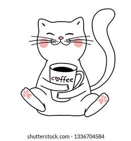 Cute kawaii cat with coffee (Vector illustration) Great for: t-shirt, greeting card, poster, etc.