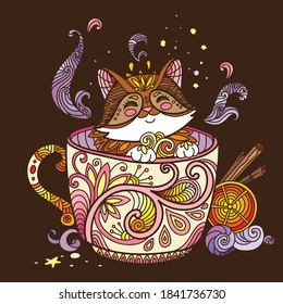 Cute gato kawaii en una taza. Ilustración antiestrés para adultos con un animal de estilo margloso aislado sobre fondo marrón. Ilustración vectorial colorida para impresión, diseño, impresión de camisetas, tatuaje, logotipo. Zendoodle.