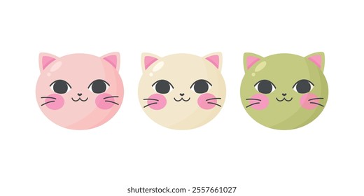 Cute kawaii cat dango. Mochi dango sweet dessert. Traditional Japanese sweet wagashi food. Vector illustration