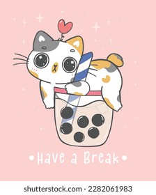 cute kawaii cat drinking boba tea, adorable cartoon animal doodle hand drawing.