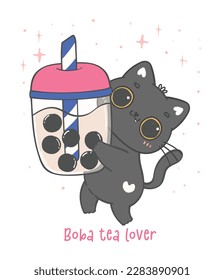 cute kawaii cat drinking boba tea, adorable cartoon animal doodle hand drawing.