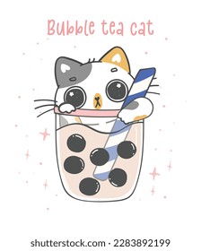 cute kawaii cat drinking boba tea, adorable cartoon animal doodle hand drawing.