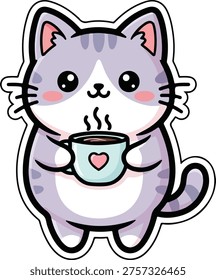 Cute Kawaii Cat Drinking Hot Coffee Vector Illustration Sticker