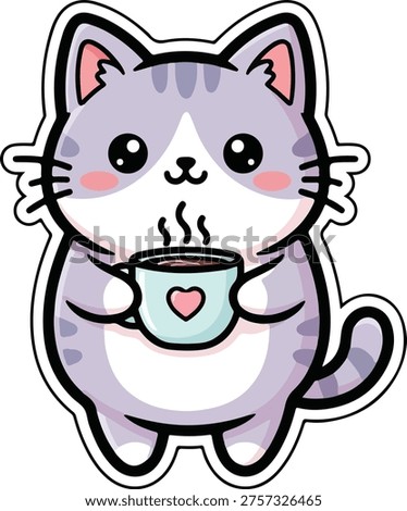 Cute Kawaii Cat Drinking Hot Coffee Vector Illustration Sticker