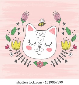 Cute kawaii cat face with bee, flowers. Hand drawing vector illustration