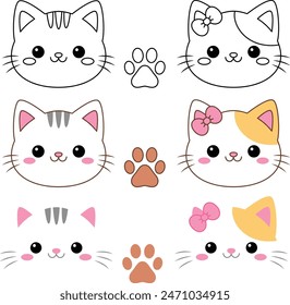 Cute kawaii cat face cartoon character coloring page for kids. Animal outline doodle colouring page isolated on white background.  