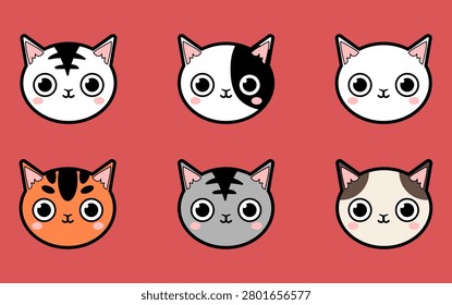 Cute Kawaii Cat Face Collection with Different Breeds and Fur Patterns Illustration