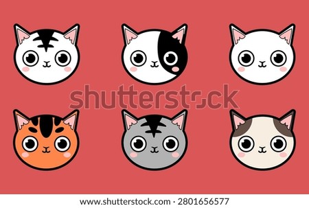 Cute Kawaii Cat Face Collection with Different Breeds and Fur Patterns Illustration