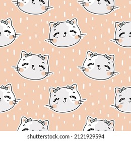 Cute Kawaii Cat Face Girlish Seamless Pattern