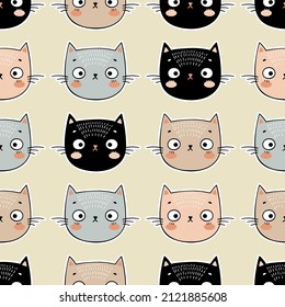 Cute Kawaii Cat Face Seamless Pattern For Kids