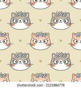 Cute Kawaii Cat Face Seamless Pattern