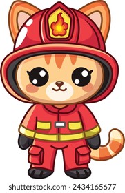 Cute kawaii cat in a firefighter uniform