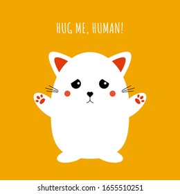 Cute kawaii cat. Funny sweet sad kitten illustration with quote, trendy anime animal of little baby cat. Vector graphic design for print