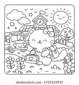 Lindo gato kawaii yendo a la escuela – Adorable página para colorear de regreso a la escuela para niños