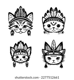 cute kawaii cat head logo wearing indian chief accessories collection set hand drawn illustration