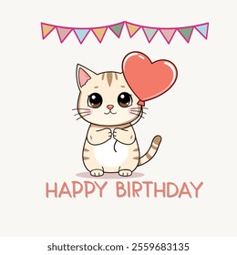 Cute kawaii cat with a heart-shaped baloon, illustration, minimalism, vector illustration Cartoon animal character for kids t-shirt, nursery decoration, baby shower, happy birthday greeting card.