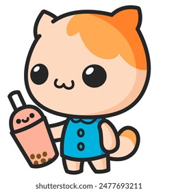 Cute kawaii cat holding cup of boba