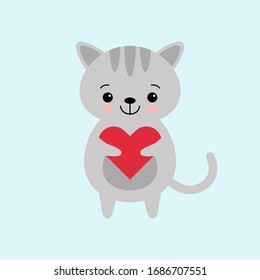 Cute Kawaii Cat holding heart. Greeting card with kitten. Miss you inscription. Vector illustration.