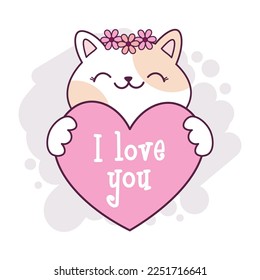 Cute kawaii cat holding heart and the text I love you  Hand drawn cartoon illustration for sticker  greeting card  birthday wishes  anniversary  happy Valentine's Day 