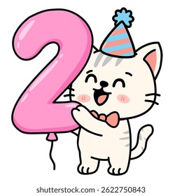 Cute Kawaii Cat Holding Number 2 Balloon - Adorable Cartoon Birthday Kitten Illustration with Party Hat