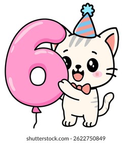 Cute Kawaii Cat Holding Number 6 Balloon - Adorable Cartoon Birthday Kitten Illustration with Party Hat