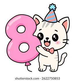 Cute Kawaii Cat Holding Number 8 Balloon - Adorable Cartoon Birthday Kitten Illustration with Party Hat