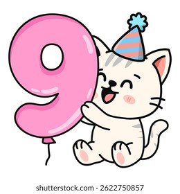 Cute Kawaii Cat Holding Number 9 Balloon - Adorable Cartoon Birthday Kitten Illustration with Party Hat