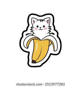 Cute Kawaii cat illustration on a banana sticker. an animal food icon