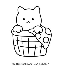 Cute kawaii cat in laundry basket. Black and white illustration, hand drawn coloring.