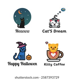 Cute Kawaii Cat Logos Minimalist and Colorful Vector Designs with Playful Themes