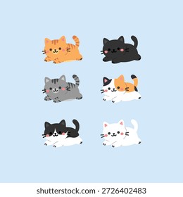 Lindo gato kawaii acostado colección de estilo de diseño plano, Ilustración vectorial
