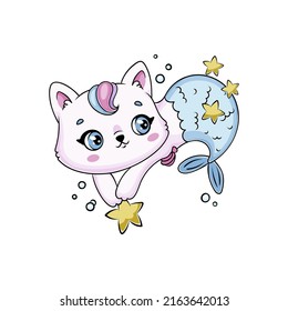 Cute kawaii cat mermaid illustration for kids
