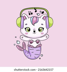 Cute kawaii cat mermaid illustration for kids