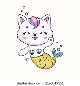 Cute kawaii cat mermaid illustration for kids