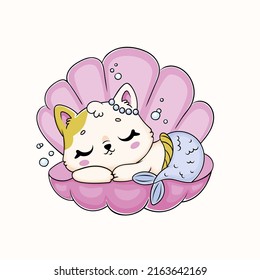 Cute kawaii cat mermaid sleeping in the shell illustration for kids